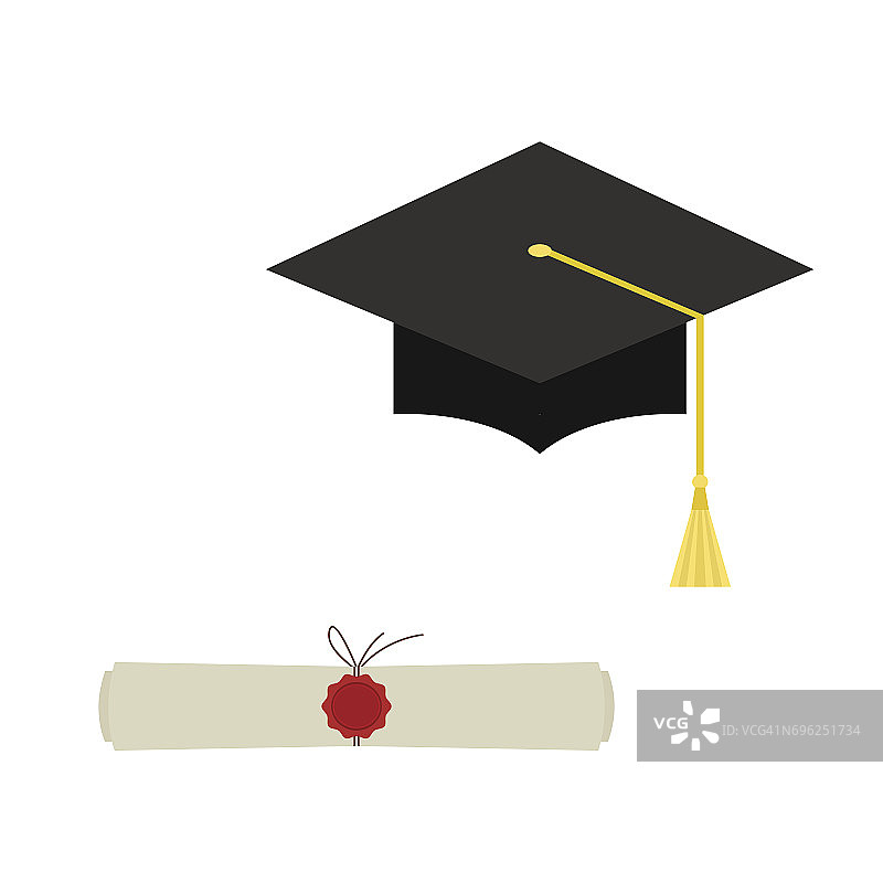 黑色的毕业帽和文凭滚动网页图标孤立在白色的背景。图片素材