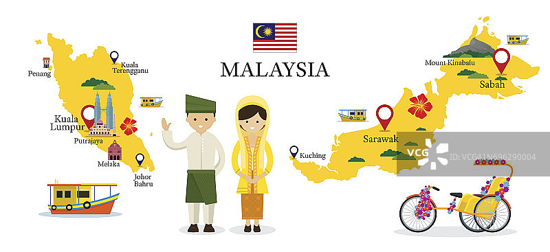 马来西亚地图和地标与人在传统服装图片素材
