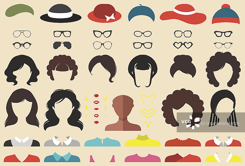 平面风格中有不同的两种女性发型、眼镜等的向量套装扮构造。女性面孔图标创造者。图片素材