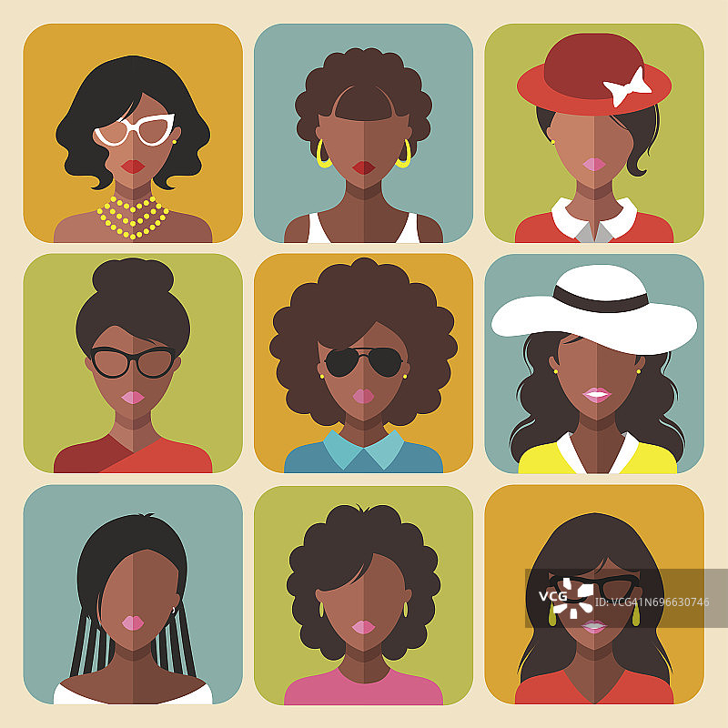 矢量集不同的非洲裔美国女性应用程序图标在时尚的平面风格。图片素材