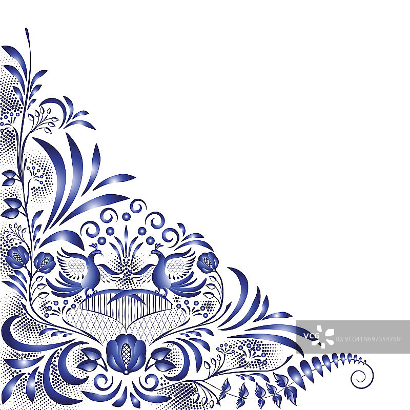 瓷上有国画风格的角蓝色花鸟图案。装饰花角度设计元素的卡片，邀请，页面和广告。图片素材