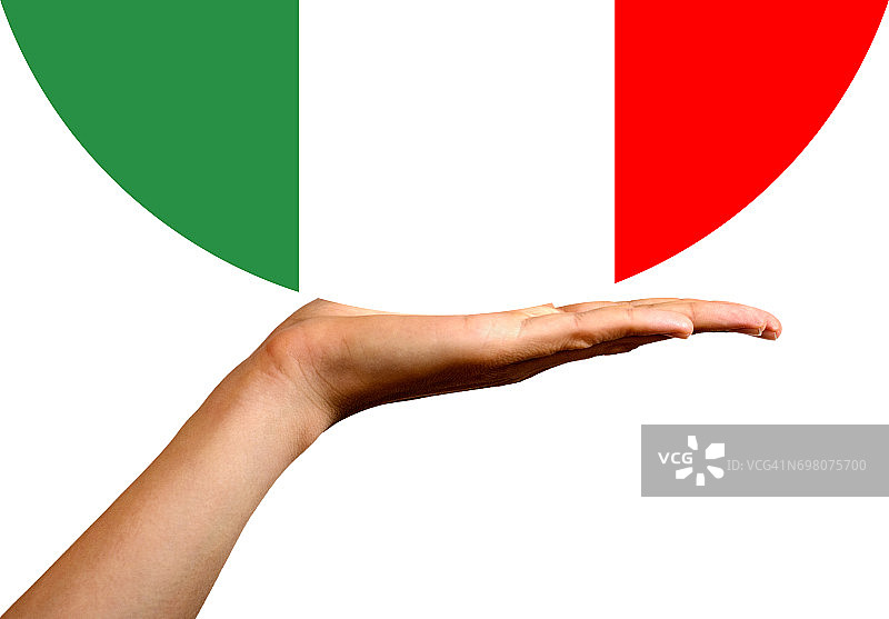 意大利国旗在一个半球，摊开的手。图片素材