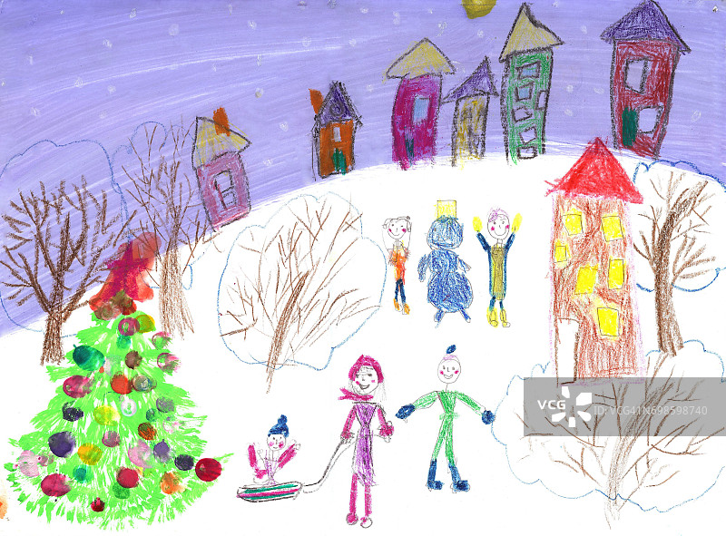 水彩画儿童画冬天的雪橇图片素材