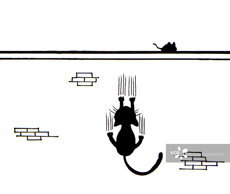 手绘的黑猫抓墙和老鼠在墙上图片素材