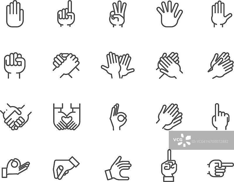 大线条图标的人的手与不同的标志。20个单线网图形象形图图片素材