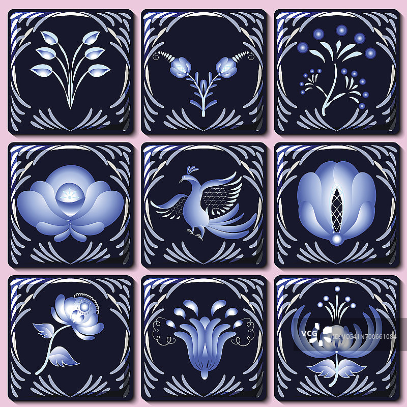 在陶瓷上绘有民族风格的瓷砖。样品设计与花在一个深蓝色的背景。格式化。图片素材