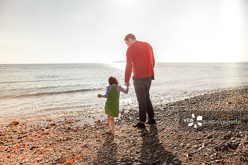 父亲和女儿站在海滩上，手牵着手，后视图图片素材