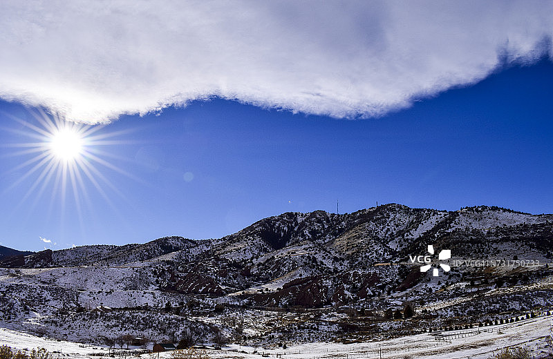 在美国科罗拉多州恐龙岭的阳光下，冰雪覆盖的落基山脉图片素材