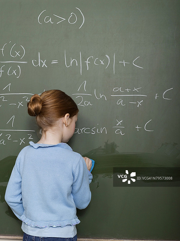 女孩站在黑板前解数学题图片素材