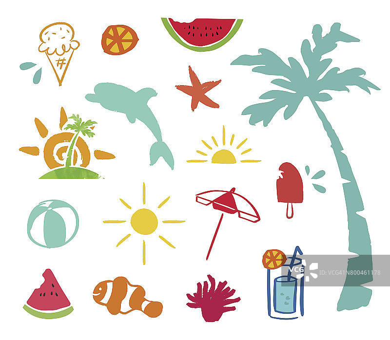 夏季手绘海滩图标元素集图片素材