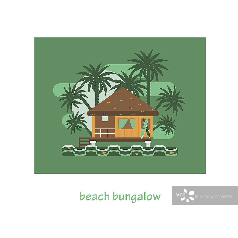 天堂度假概念。浪漫的热带房屋或小草屋出租或居住。夏天旅游海报。图片素材