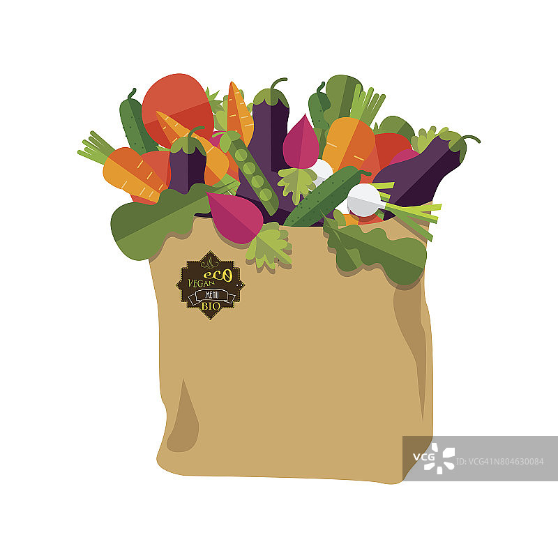 一个装满新鲜蔬菜的纸袋，上面印着100%的天然有机。饮食、素食、纯素的概念。杂货店交付的概念。向量孤立的插图图片素材