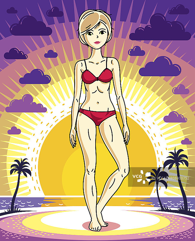 迷人的年轻金发女子站在日落景观与手掌和身穿红色游泳衣。矢量插图。图片素材