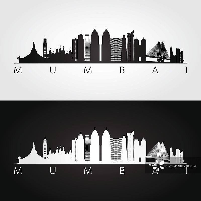 孟买的天际线和地标剪影，黑白设计，矢量插图。图片素材