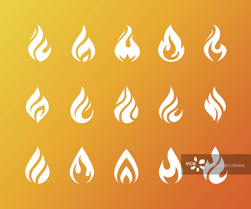 一组白色火焰火焰图标孤立在橙色背景。图片素材
