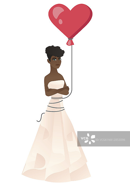 认真的新娘和一个心形的红气球图片素材