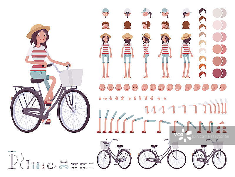 年轻女子骑着城市自行车。人物创建组图片素材