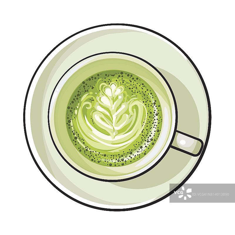 抹茶绿茶拿铁，卡布奇诺饮料，俯视图图片素材