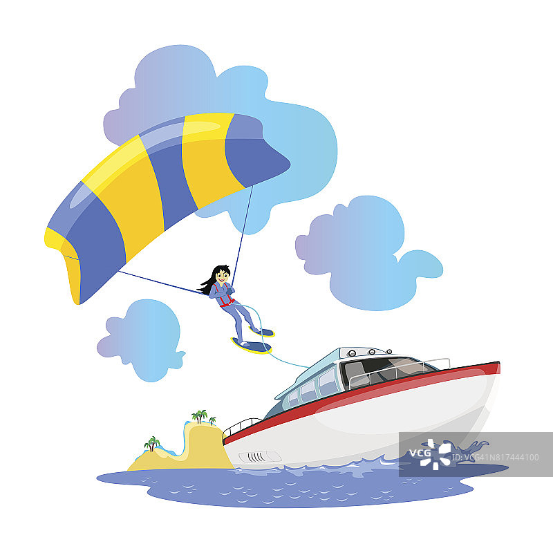 帆伞水上极限运动背景，孤立的设计元素为暑期活动的乐趣概念，卡通海浪冲浪，海滩矢量插图，活跃的生活方式冒险图片素材