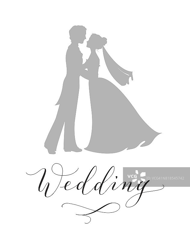 婚礼设计理念。新娘和新郎的剪影和手写的风俗书法孤立在白色图片素材