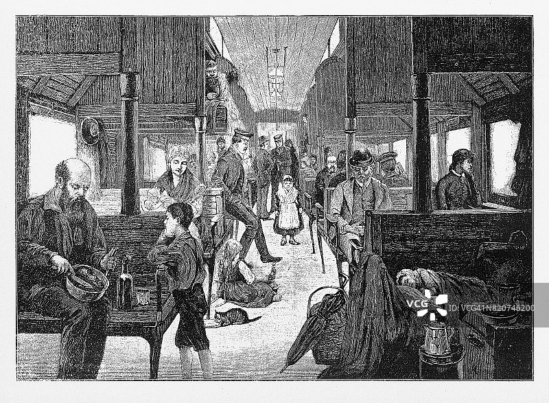 移民乘三等铁路向西旅行，早期美国雕刻，1870年图片素材