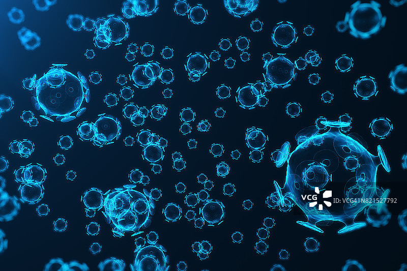 受感染生物中的病毒，病毒疾病的流行，蓝色荧光背景上的病毒抽象，三维渲染图片素材