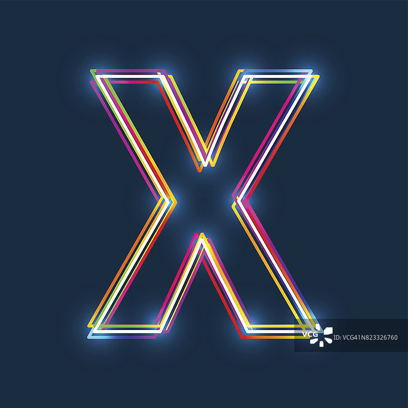 字母X -矢量多色轮廓字体发光效果孤立在蓝色背景。图片素材
