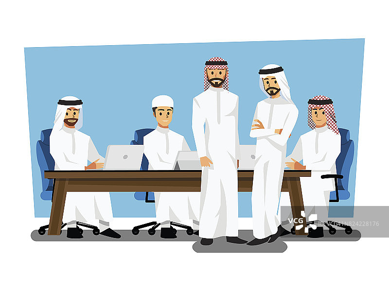 阿拉伯商人穿着传统服装开会，矢量插图卡通人物图片素材