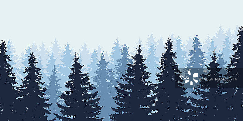 蓝色现实的矢量图在冬天的森林在蓝天下，分层图片素材