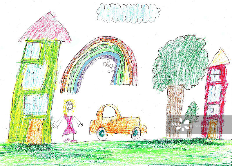 孩子的画。汽车，树和房子图片素材