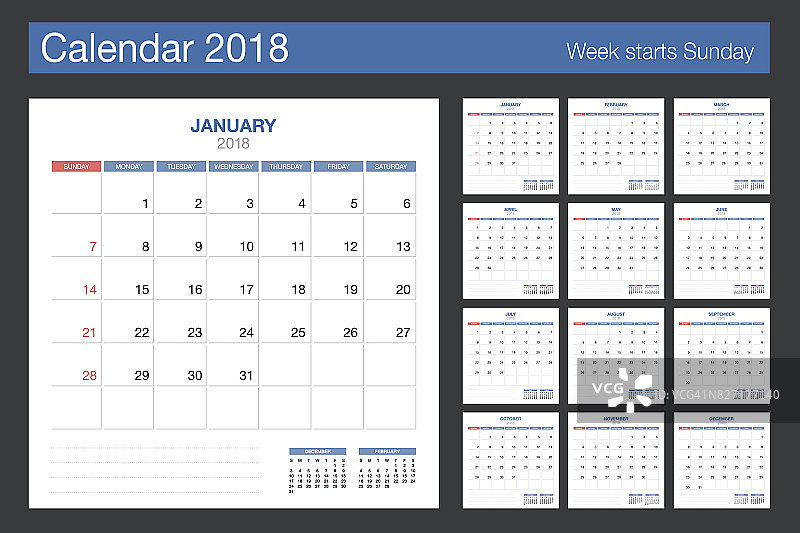 2018年日历。桌面日历现代设计模板。上周星期天开始。矢量插图。图片素材