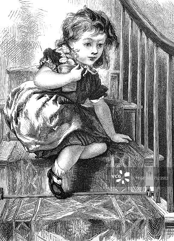 女孩拿着花盆坐在楼梯上图片素材