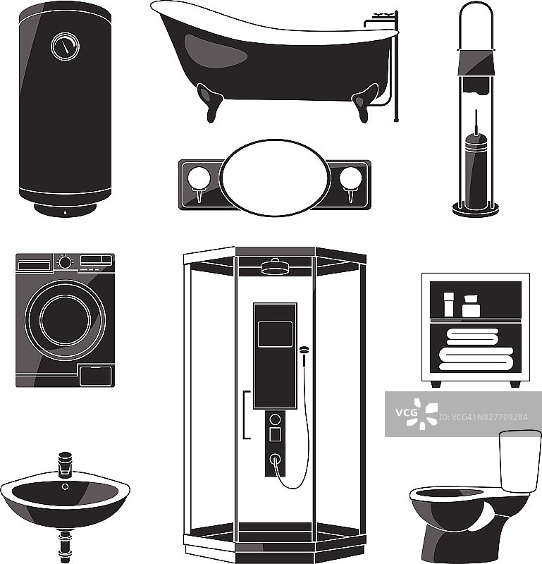 浴室家具和其他卫生符号的单色插图。矢量黑图孤立图片素材