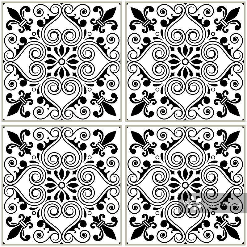 葡萄牙瓷砖图案-阿祖列霍黑白设计，无缝矢量蓝色背景，复古马赛克集图片素材