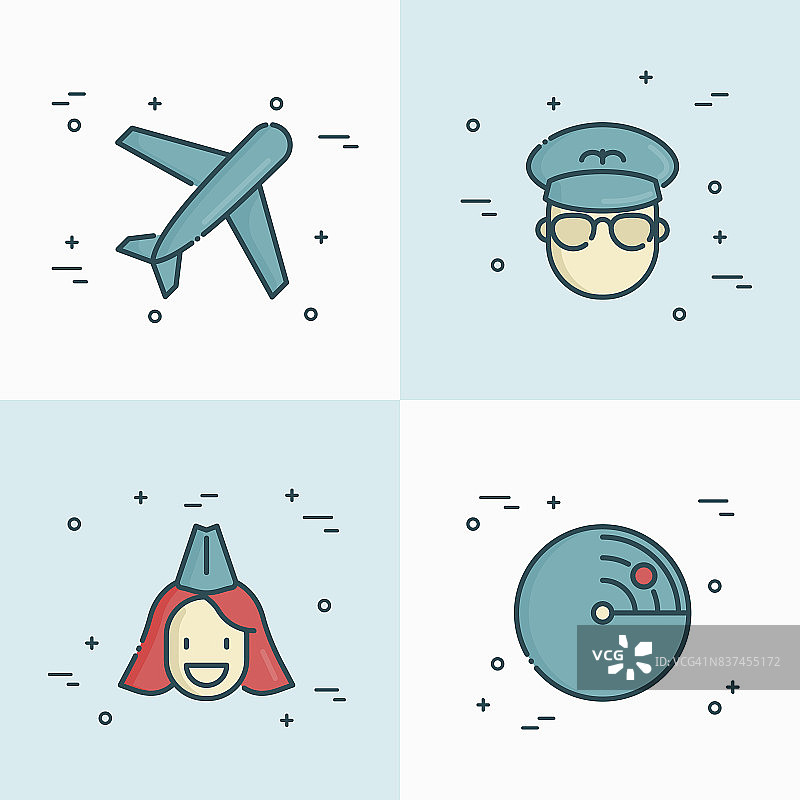 飞机，飞行员，空姐和雷达细线图标。与机场和航空有关的矢量图。图片素材