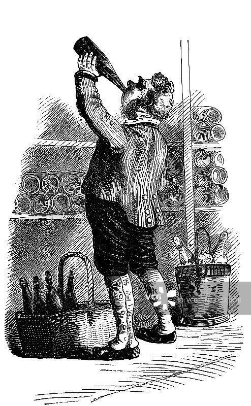 一位老人在酒窖里喝酒瓶里的酒——1867年图片素材