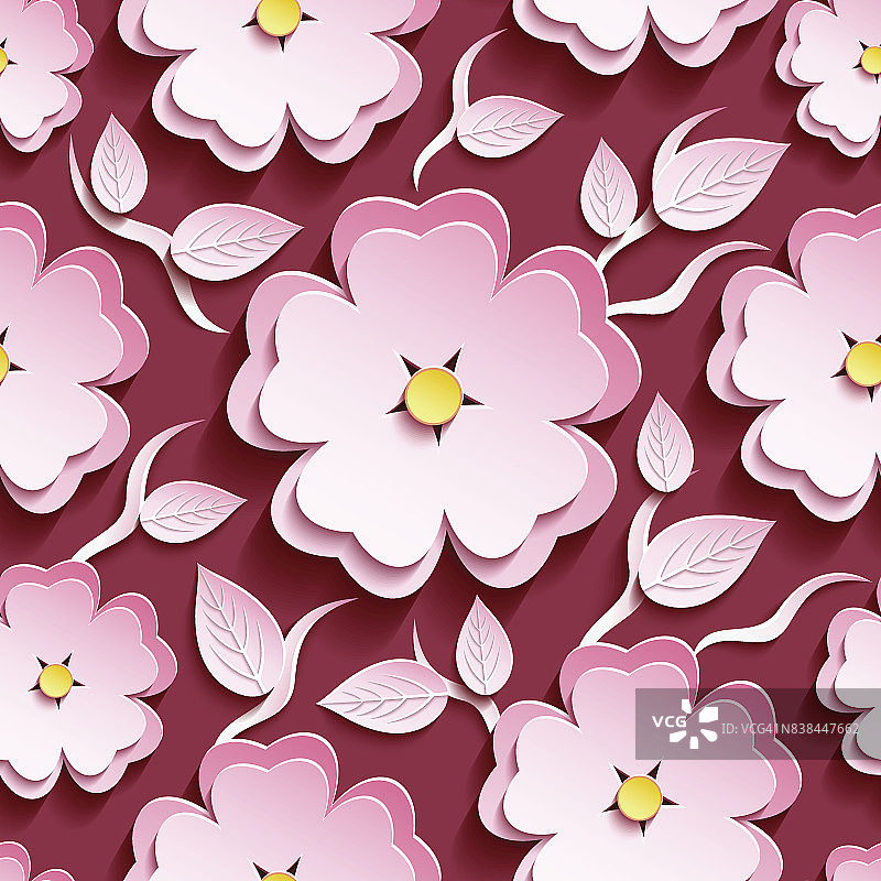 粉红色无缝图案与3d樱花和叶子图片素材