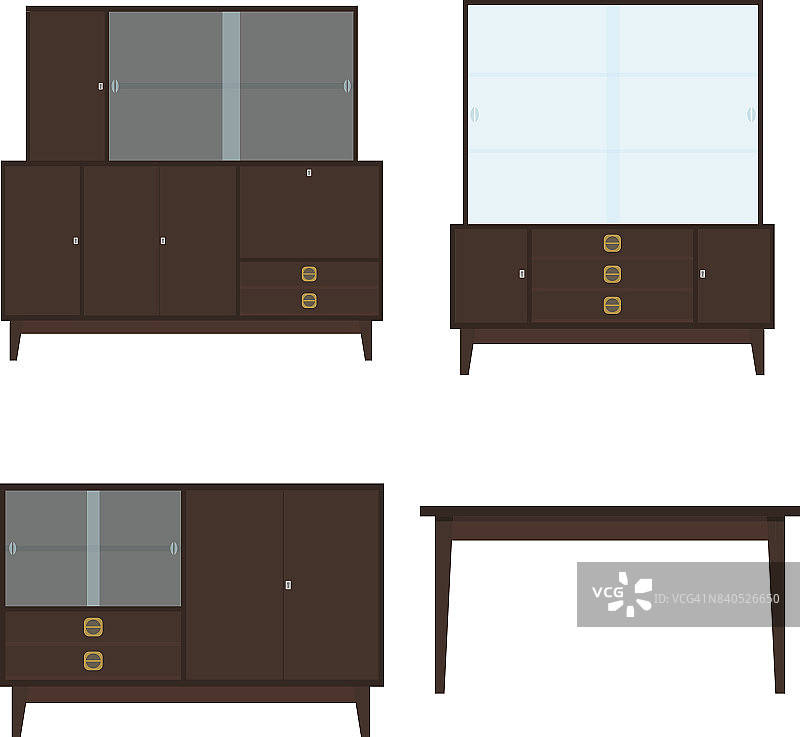 复古的家具。餐具柜，五斗柜，床头柜，餐桌。旧家具图片素材