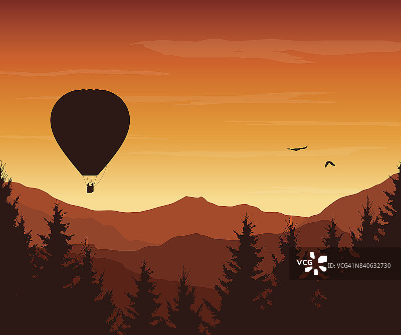 矢量插图的山景观与森林，飞行的热气球和猛禽在一个上升的太阳的橙色天空下图片素材