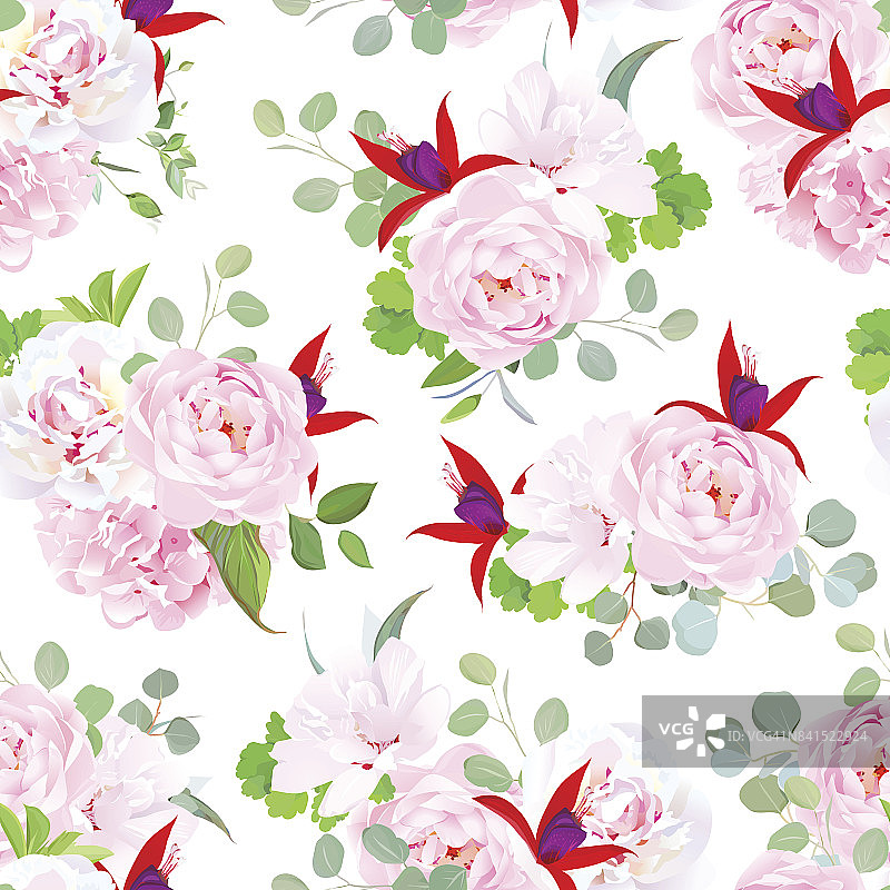 园内野玫瑰、绣球花、牡丹、紫红色无缝矢拍图片素材
