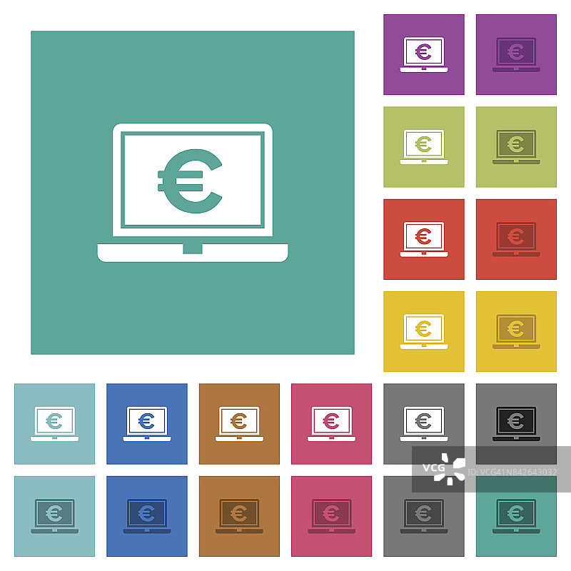 笔记本电脑与欧元标志方形平多色图标图片素材