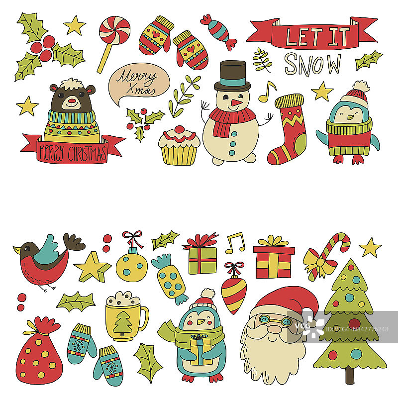 圣诞圣诞新年圣诞图标为背景，装饰，图案，卡片，装饰物Doodle圣诞树与灯和球新年庆祝和派对与熊和圣诞老人图片素材