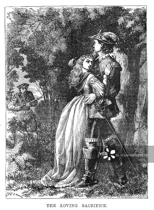 维多利亚时代早期的一个形象，描绘了一对恋人纠缠在一起，而另一个男人靠近他们。1883年的《爱的牺牲图片素材