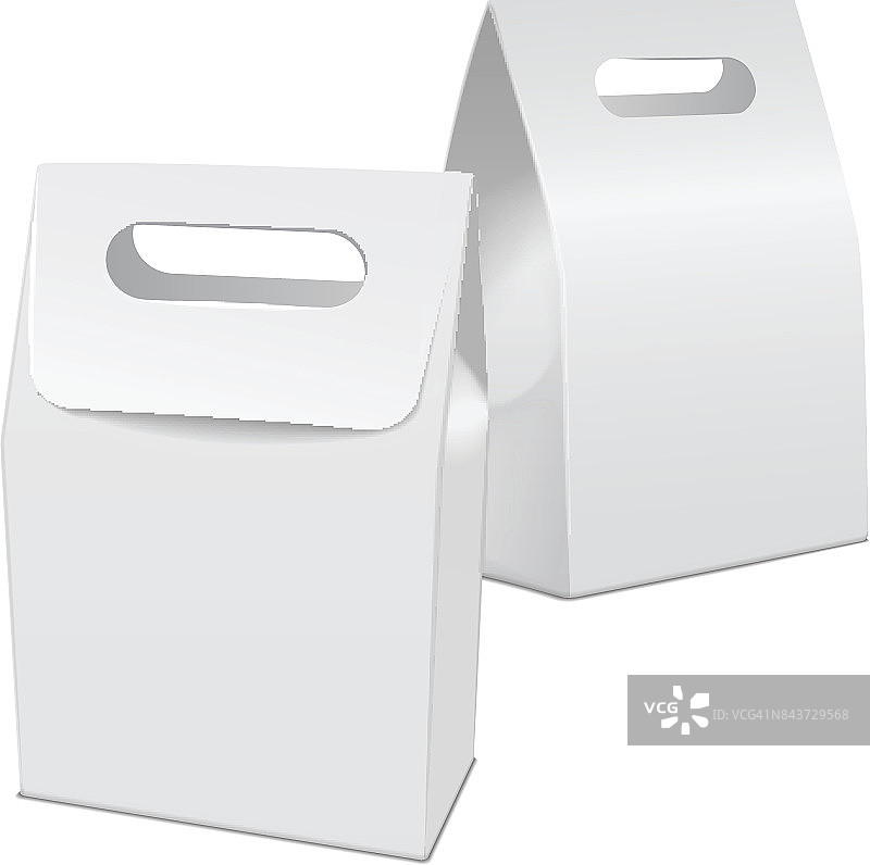 一套空白的白色3d模型纸板带走食品盒的模型。空的产品容器模板，孤立的矢量插图图片素材