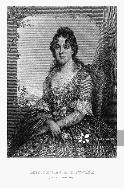 玛莎·杰斐逊，托马斯·伦道夫夫人，大约1780年的雕刻肖像图片素材