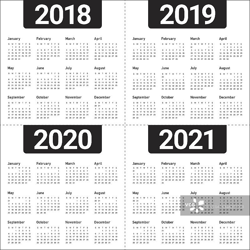 2018年2019年2020年2021年日历向量图片素材