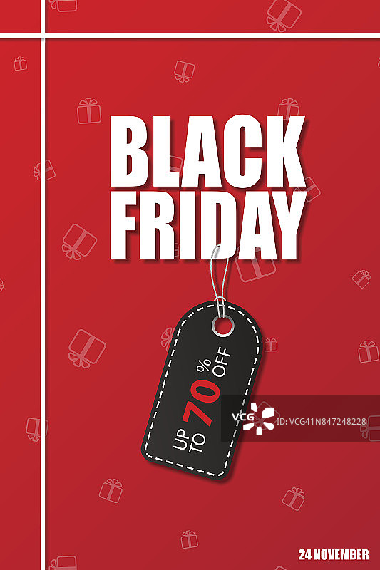 黑色星期五销售矢量插图。黑色星期五文字与黑色折扣标签在红色背景。图片素材