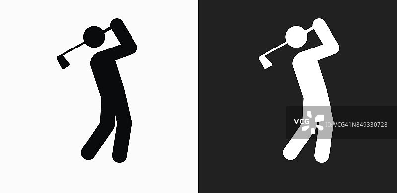 高尔夫球手摆动的高尔夫俱乐部在黑色和白色矢量背景上的图标图片素材