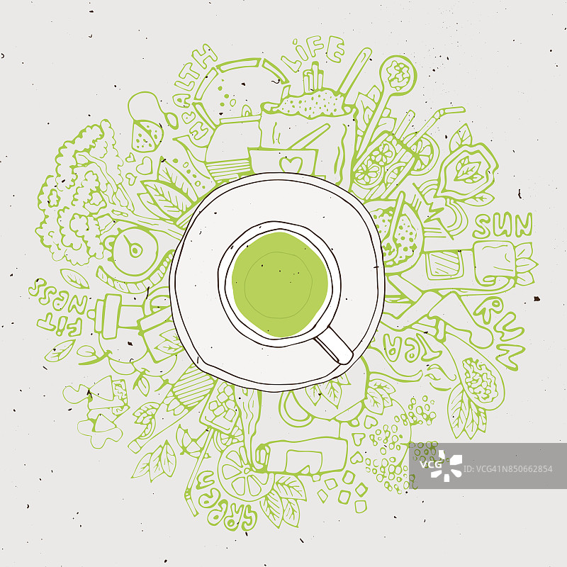 用圆圈涂鸦的逼真的绿茶杯。速写绿茶健康元素、天然产品及与绿茶有关的物体，矢量手绘插画。图片素材
