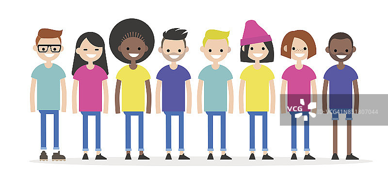 一组人物穿着五颜六色的t恤。多样性概念说明。多种族的年轻人。平面可编辑字符，剪贴画图片素材
